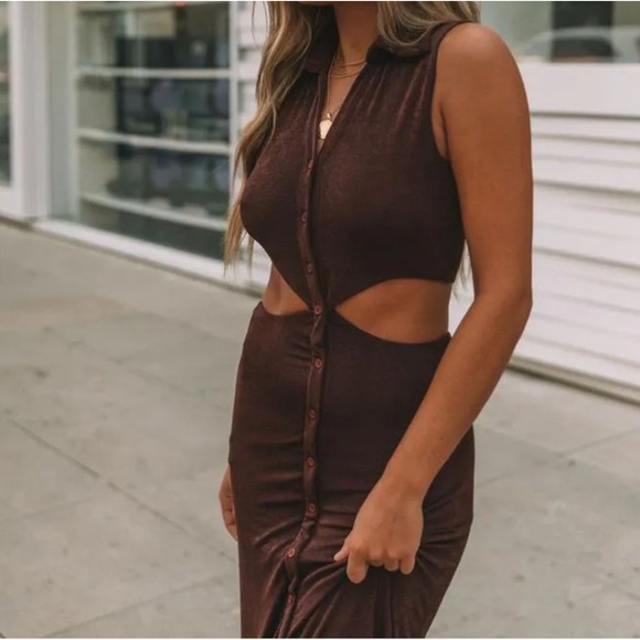 Vici Brown Cutout Sleeveless Button Front Maxi Shirt Dress Medium - Picture 3 of 11